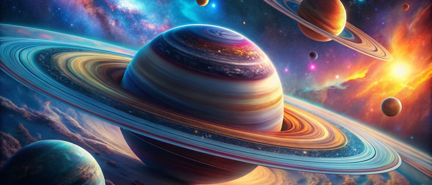 Panoramic View of Ringed Planet, Moons, and Cosmic Nebula - Stunning Space Scene