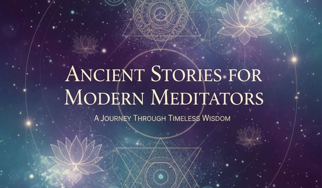 Ancient Stories for Modern Meditators blog series header featuring Indra's Net cosmic meditation concept with interconnected jewels and sacred geometry - Yoga of the Mind Denver
